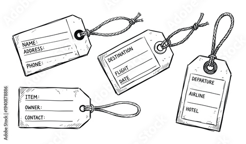 Luggage tags set vector illustration with name, address, destination, flight, date, item, owner, contact, departure, airline, hotel