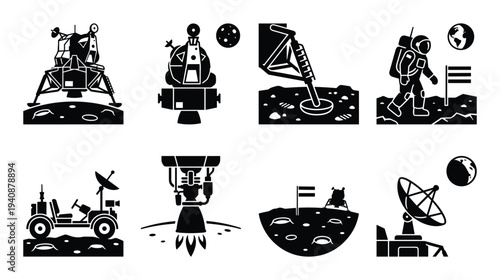 Lunar exploration icons set: Lunar module, rover, astronaut, flag, landing site, communication dish and various lunar missions.