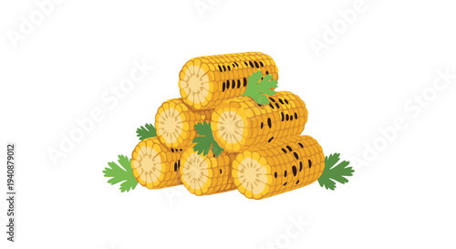 A pyramid of seven grilled corn cobs with green herb garnishes is stacked on a plain white background.