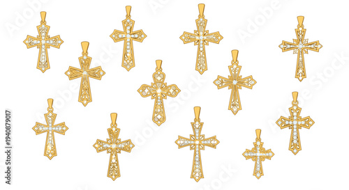 Twelve golden cross pendants, each embellished with small white gemstones and delicate filigree, are arranged on a white surface.