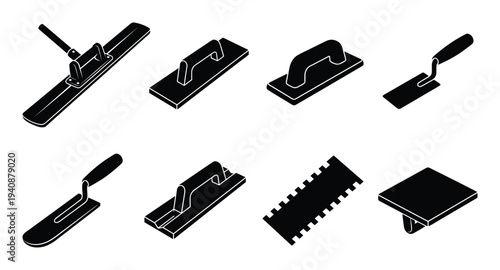 Masonry float, trowel and sponge icons vector illustration set for building construction, bricklaying, and plastering