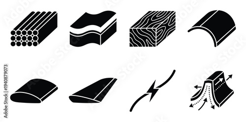 Materials isometric icons set featuring composite, wood, layering, and airflow. Design elements for engineering and manufacturing.