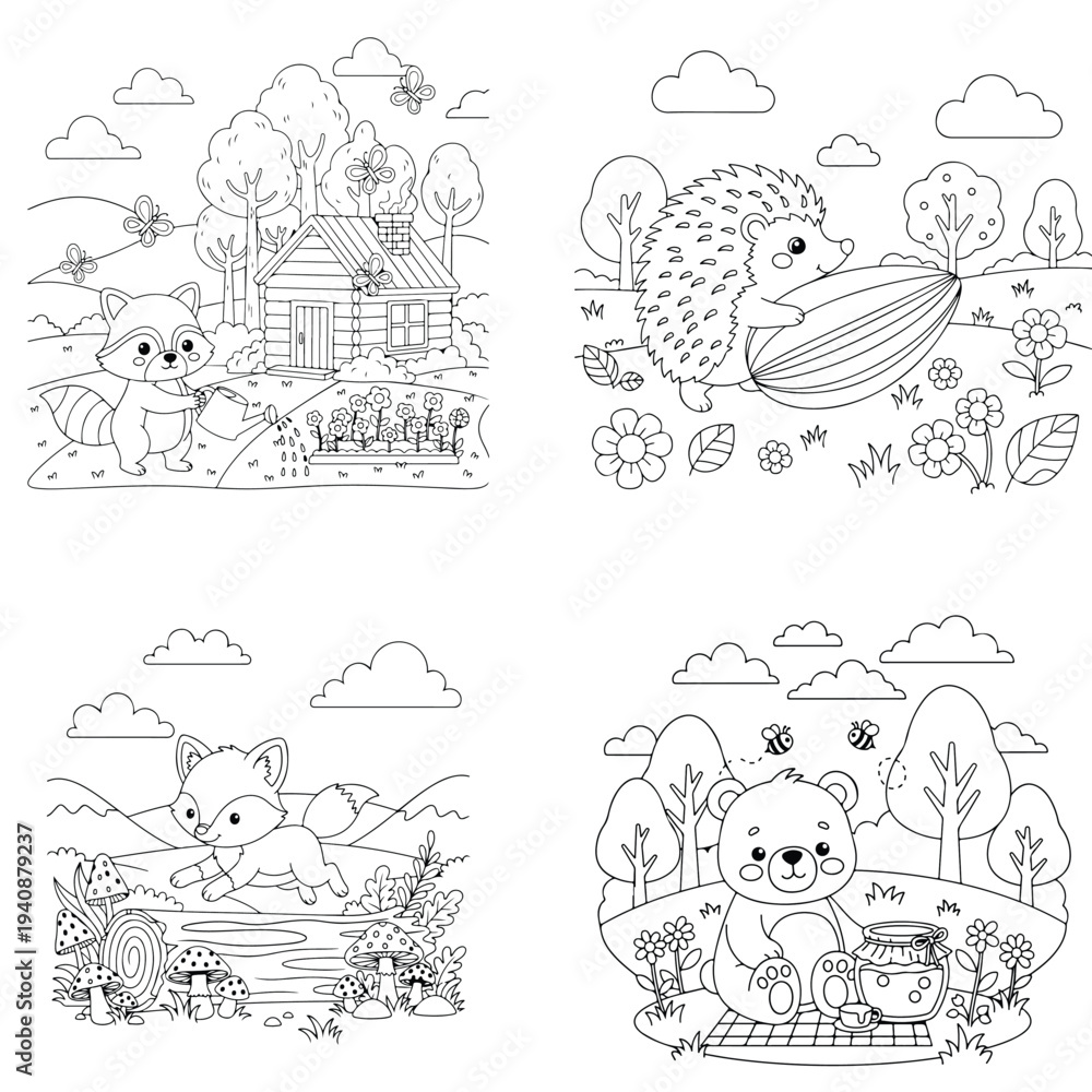 Obraz premium Adorable cartoon forest animals coloring pages: fox, raccoon, hedgehog, bear