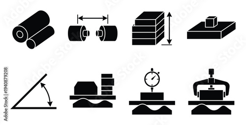 Metrology icons of cylinders, distance, height, cube, angle, stacks, indicator, and force. Dimension measurement and quality control