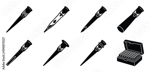 Micropipette disposable tips silhouette collection, various types of laboratory pipette tips in a storage box, black and white vector