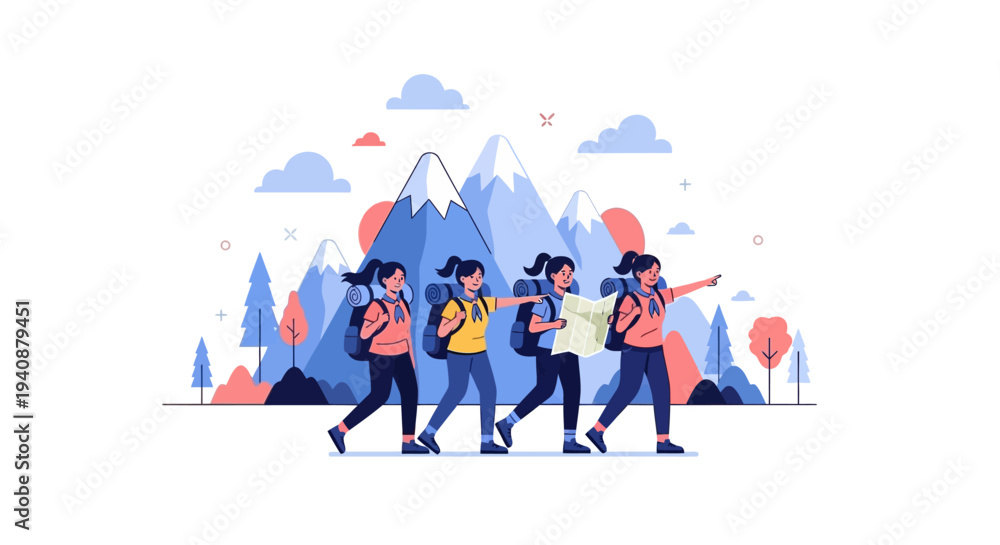 Obraz premium Illustration of a group of girls hiking on National Girl Scout Day with a scenic mountain background in a colorful design.