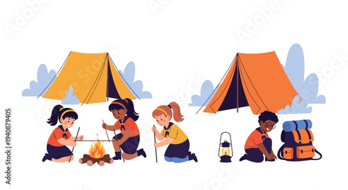 Illustration of diverse Girl Scouts camping with tents, gear, and campfire on National Girl Scout Day, conveying a sense of adventure and teamwork.