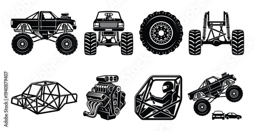 Monster Truck Vector Set Icons: Isolated Silhouette Illustrations of Engines, Tires, Frames, Cabins and Vehicle on a white background.