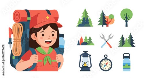 Illustration of a smiling girl scout with camping gear and icons on a white background, celebrating National Girl Scout Day with a colorful design.