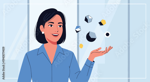 A smiling woman in a blue shirt stands with an open hand, looking at floating geometric shapes in a bright office.