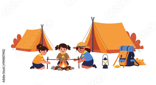 Illustration of children on National Girl Scout Day camping with tents and gear in a design background.