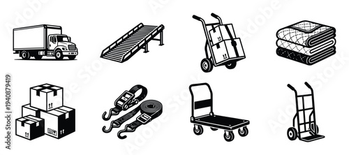 Moving equipment vector set: Moving van, ramp, hand truck, furniture pads, moving boxes, ratchet straps, dolly icons