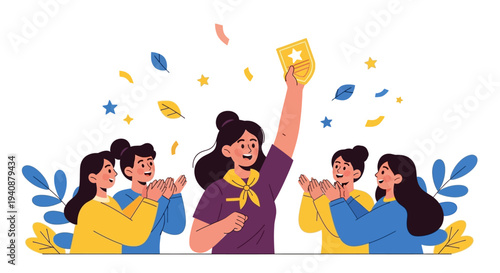 Illustration of four girls celebrating National Girl Scout Day with confetti and a star, in a colorful design on a white background.