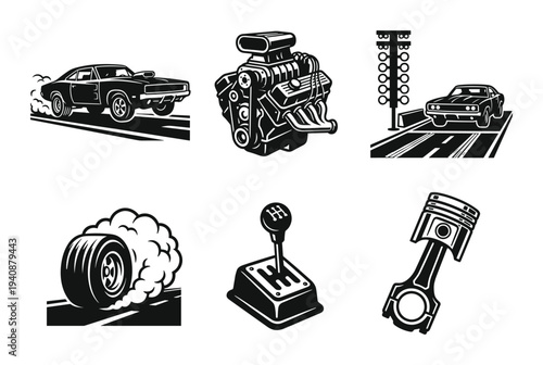 Muscle car vector set powerful engine burnout drag racing gearshift piston for automotive themes and classic vehicle design.