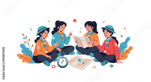 Illustration of four Girl Scouts sitting in a circle on a white background with a map and compass, celebrating National Girl Scout Day with colorful design elements.