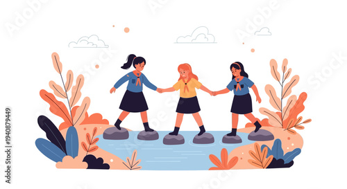 Illustration of three girls holding hands while crossing stepping stones in a colorful, stylized outdoor setting on National Girl Scout Day.