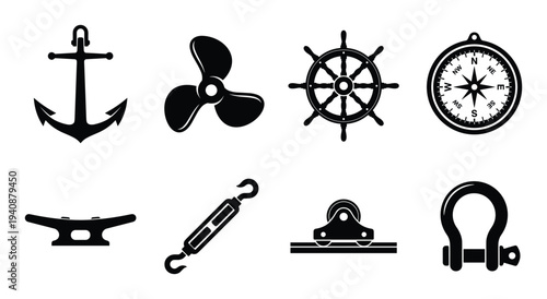 Nautical vessel equipment icons collection: anchor, propeller, ship wheel, compass, and marine hardware symbols