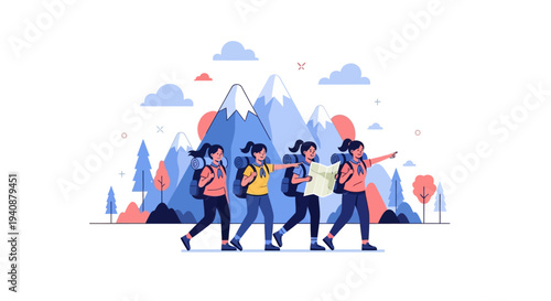 Illustration of a group of girls hiking on National Girl Scout Day with a scenic mountain background in a colorful design.