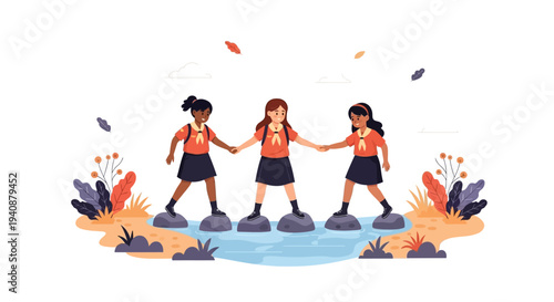 Illustration of three girls in scout uniforms holding hands while crossing rocks over a stream on National Girl Scout Day with a colorful design background.