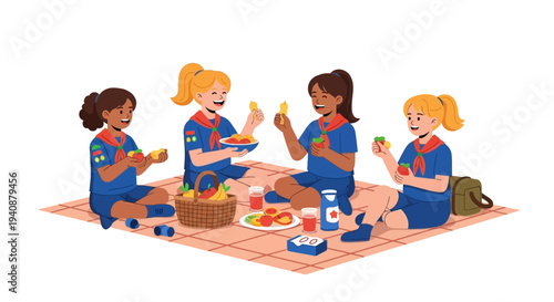 Illustration of diverse Girl Scouts sitting on a blanket eating snacks on National Girl Scout Day with a picnic basket and a joyful atmosphere.