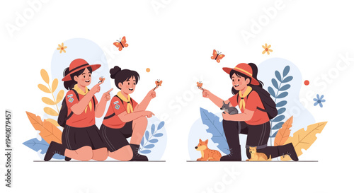 Illustration of two girls in scout uniforms camping outdoors with colorful leaves and butterflies on a white background.