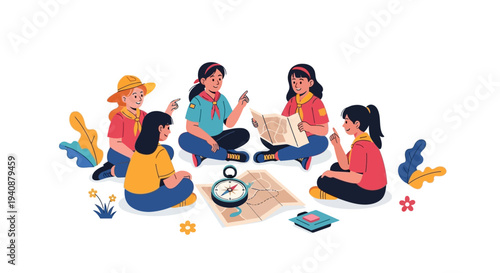 Illustration of a group of girls sitting in a circle on a colorful background for National Girl Scout Day with a map and compass.