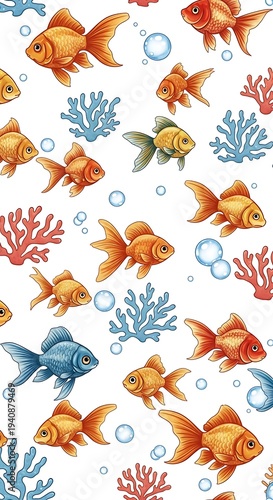Charming pattern featuring various stylized fish swimming among colorful coral formations and air bubbles