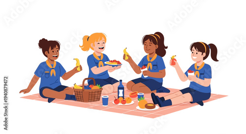 Illustration of girls in scout uniforms having a picnic on a blanket with food and drinks on a clean background.