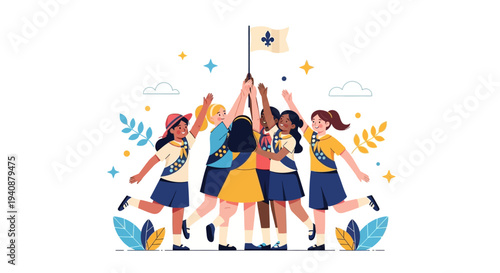 Illustration of a diverse group of young girls in scout uniforms celebrating National Girl Scout Day with a flag in a colorful design on a white background.