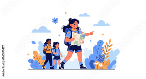Illustration of a girl scout leader and two scouts on a camping adventure, exploring outdoors with a map on National Girl Scout Day, set against a colorful background with a joyful and
