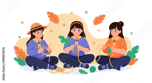 Three girls sitting cross-legged on a white background, crafting with colorful yarn and leaves on National Girl Scout Day, conveying a joyful and creative mood with a mix of orange, yellow,
