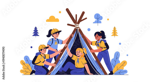 Illustration of diverse Girl Scouts setting up a tent for a fun camping adventure on National Girl Scout Day with a colorful design on a white background.