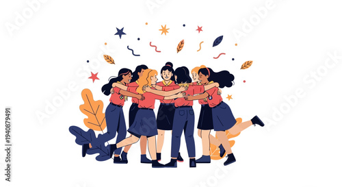 Illustration of a diverse group of girls in scout uniforms celebrating National Girl Scout Day with a joyful design on a white background.