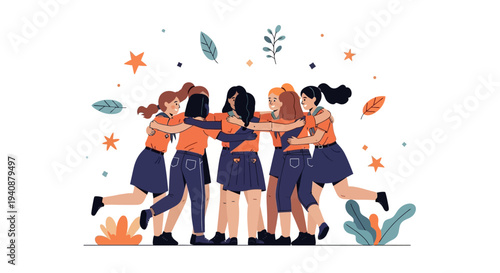 Illustration of a diverse group of girls in scout uniforms celebrating National Girl Scout Day with a joyful design on a colorful background.