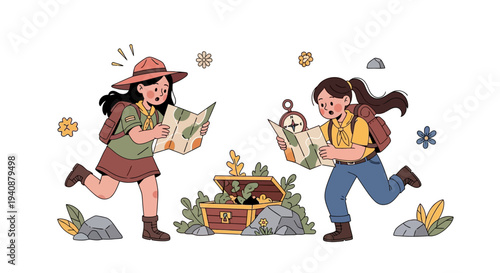 Two young girls in scout uniforms excitedly searching a treasure map near a chest on National Girl Scout Day against a clean white background with a joyful mood.