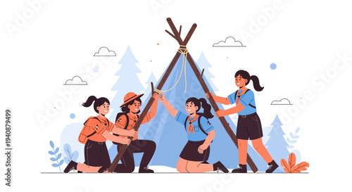 Illustration of diverse group of young girls setting up a tent for a national scout event in a scenic outdoor setting with a cheerful mood.
