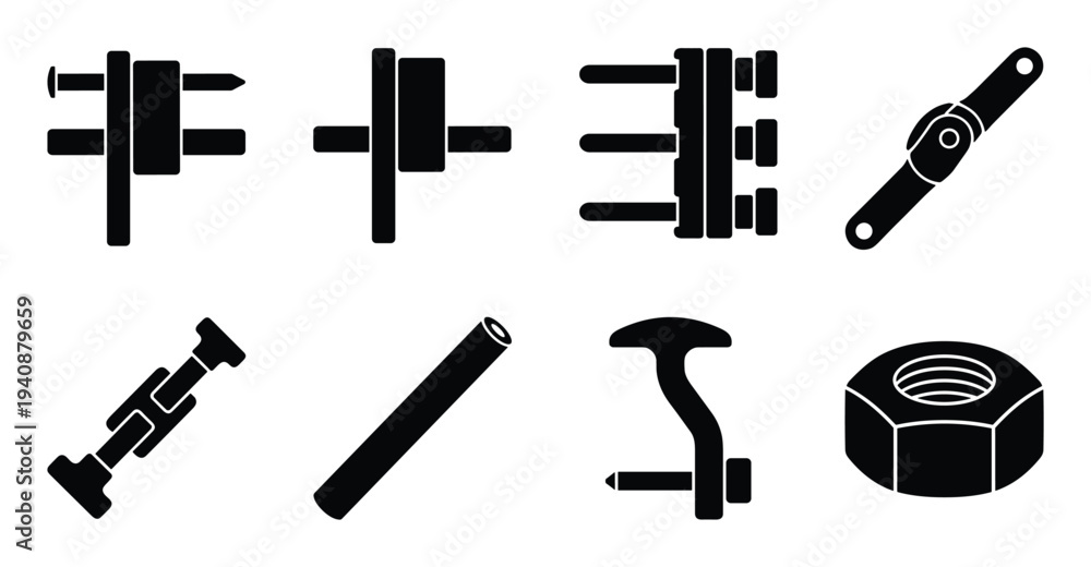 Fototapeta premium Orthopedic external fixator silhouettes, detailed medical device components, including nuts, rods, hinges, and joints, black elements.