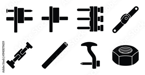 Orthopedic external fixator silhouettes, detailed medical device components, including nuts, rods, hinges, and joints, black elements.