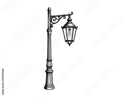 Ornate street lamp illustration, antique lamp post with illuminated bulb, detailed drawing of a vintage outdoor light fixture.