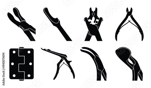 Orthopedic rongeur icons collection. Surgical instrument set in black silhouette. Medical tools, hinge for bone surgery