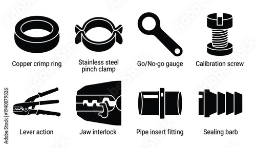 PEX crimp ring collection, including pinch clamp, go gauge, calibration screw, lever action, jaw interlock, sealing barb
