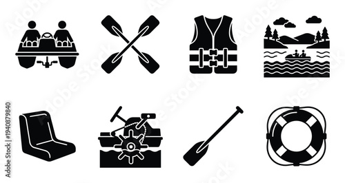 Pedal boat vector set, paddles, life vest, lake scene, seat, mechanism, single paddle, lifebuoy vector illustration