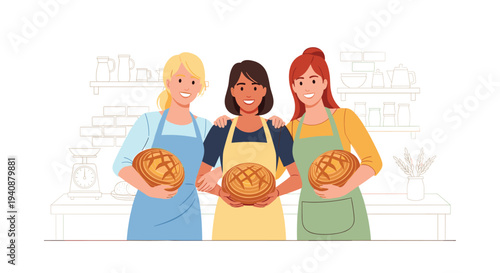 Three smiling women bakers are standing together, each holding a round loaf of bread in a bright bakery kitchen with shelves.