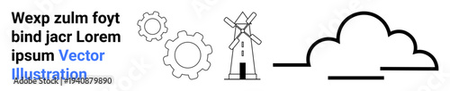 Renewable energy, industry, sustainability, eco-friendly, innovation, farming. Minimalist windmill, gears and cloud icons in black and white. Renewable energy and industry concept