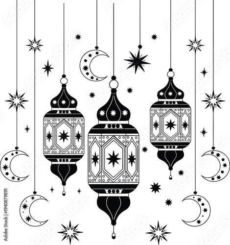 Elegant hanging lanterns and celestial elements in black and white