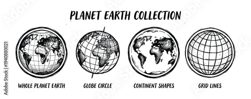 Planet Earth collection illustration with whole earth, globe circle, continent shapes and grid lines drawing