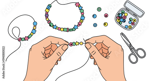 Two hands are actively threading colorful beads onto a string to create a bracelet, surrounded by crafting supplies on a white surface.