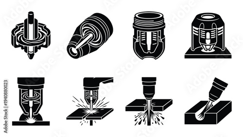 Plasma cutter icons with swirling gas depiction, cutting various metal pieces with diverse angles and nozzle types.