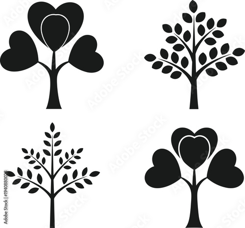 Black heart shaped tree silhouettes set symbolizing love growth nature romance minimalist botanical design isolated on white background