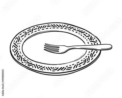 Plate with Fork Illustration, kitchenware outline drawing, dining utensil design, eating equipment, elegant dishware sketch